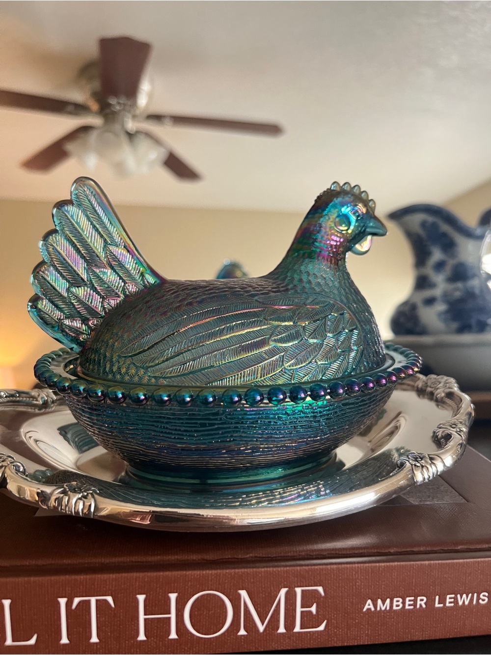 Vintage Indiana Glass Blue Iridescent Carnival Glass Hen on Nest UV Reactive